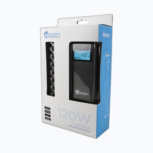 ALIM. UNIVERSELLE 120W LCD +USB 8 embouts AUTO. * HEDEN [505NB]
