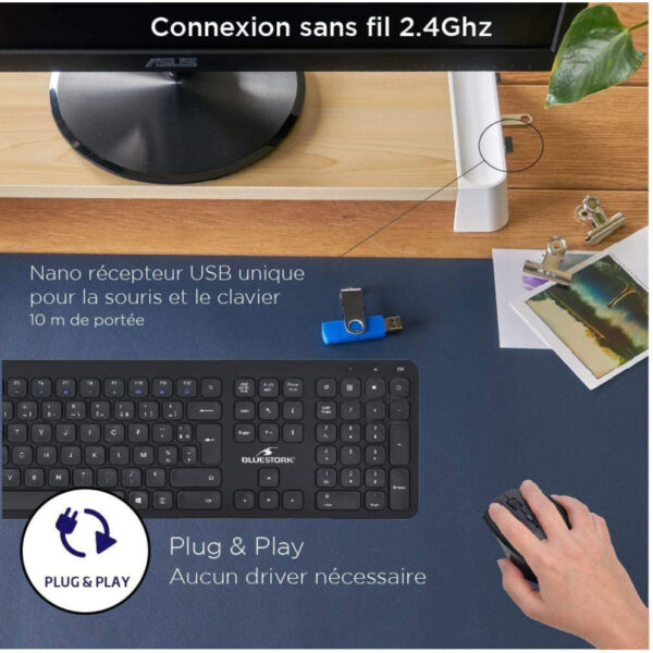 BLUESTORK BS-PACK-EASY-SLIM-B Pack CLAVIER+SOURIS s/fil Nano NOIR