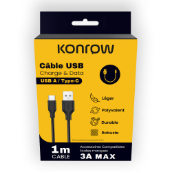 KONROW KCATCNB1 - CABLE CHARGE/SYNC. USB > USB-C 1m 3A Tressé * Noir