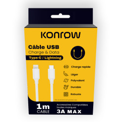 KONROW KCATCNB1 - CABLE CHARGE/SYNC. USB > USB-C 1m 3A Tressé * Noir