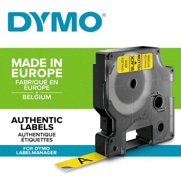 DYMO D1 - Standard Étiquettes - Noir sur jaune - 12mm x 7m