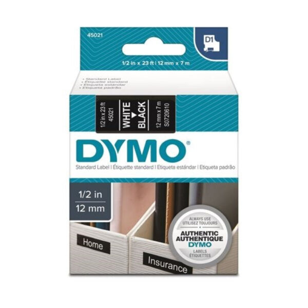 DYMO D1 - Standard Étiquettes - Blanc sur noir - 12mm x 7m