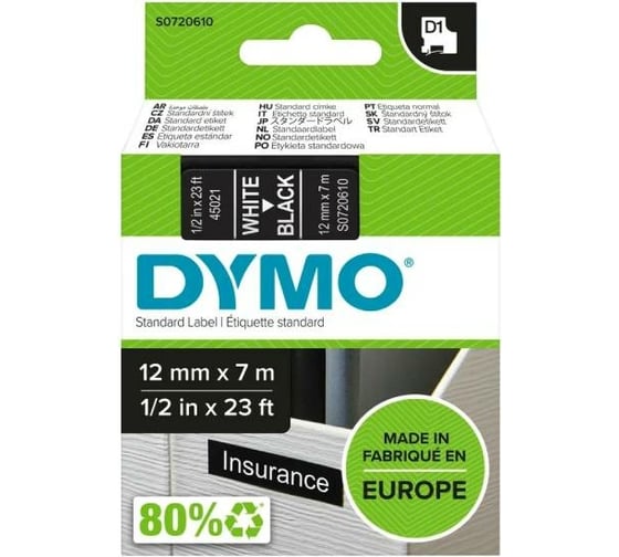 DYMO D1 - Standard Étiquettes - Blanc sur noir - 12mm x 7m