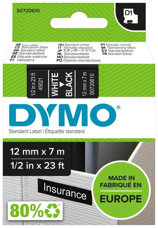 DYMO D1 - Standard Étiquettes - Blanc sur noir - 12mm x 7m