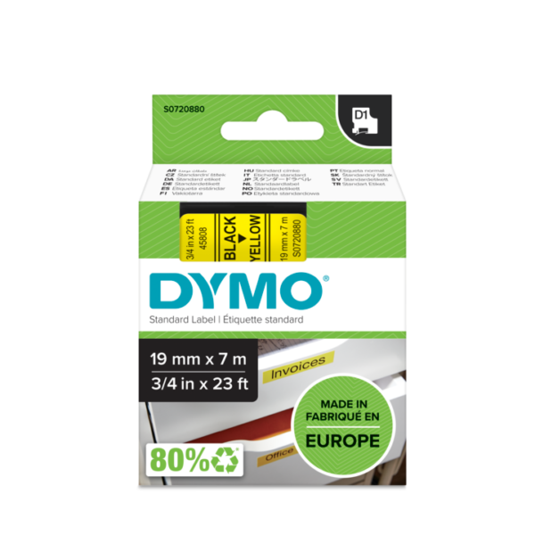 DYMO D1 - Standard Étiquettes - Noir sur jaune - 19mm x 7m