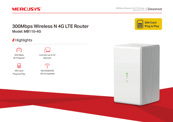 MERCUSYS-MB110-4G Routeur 4G WiFi sans fil Ethernet Monobande 2,4Ghz