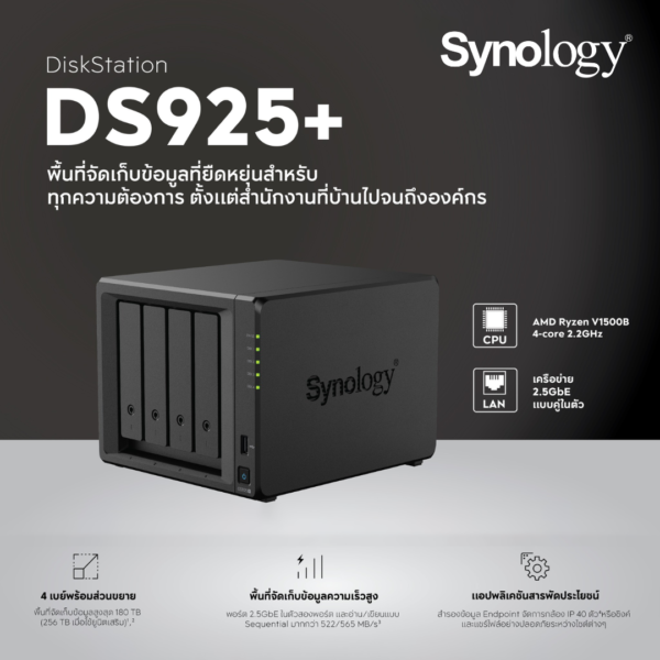 NAS SYNOLOGY DS925+ Quad Ryzen V1500B 4Go 4xSATA3 2xNVMe LAN 2.5GbE