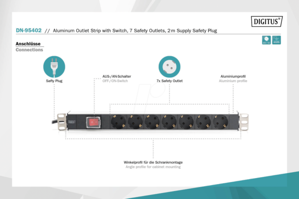 Multiprise Digitus 7 prises 2m (Noir) - rackable 19 - DN-95402