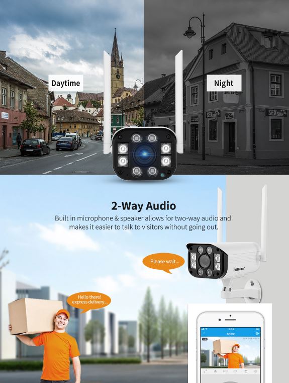 SriHome SH031E-3MP * Caméra IP 3MP H.265 EXT. Bi-Dir IR WiFi ONVIF
